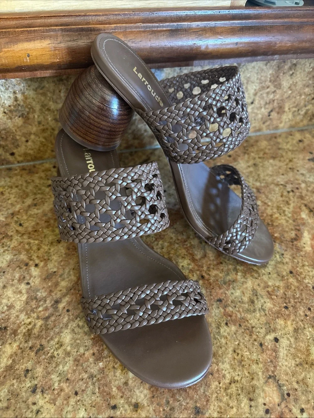 Larroudé Designer Dew Drop Brown Woven Sandals